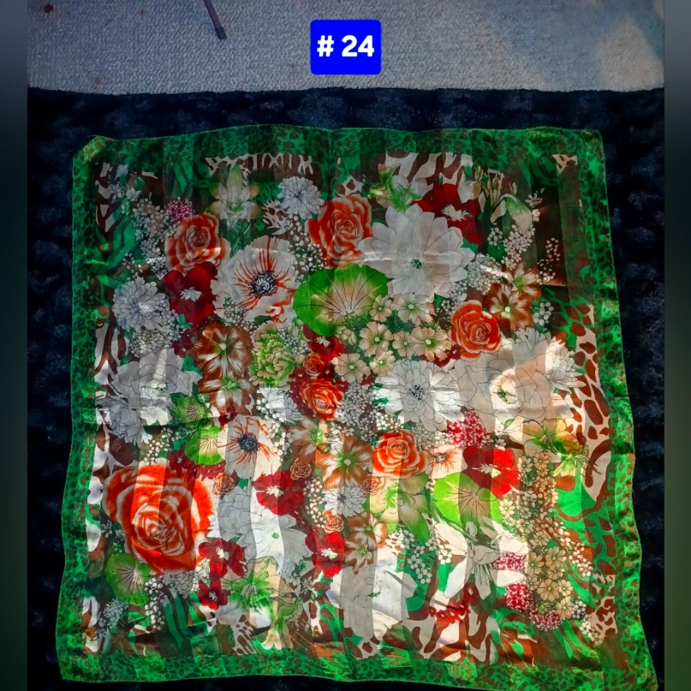 Floral Patterned Scarf with Green Border